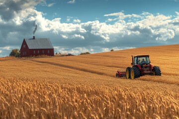 Naklejka premium Red tractor is harvesting wheat in a golden field, with a farmhouse in the background under a cloudy sky