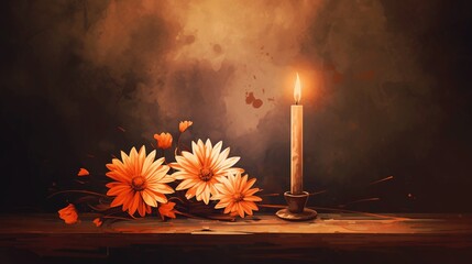 Serene still life with cross, red chrysanthemums and candles in the dramatic glow of burning flames on a dark background. Watercolor illustration All Saints Day, All Souls Day, memorials and funerals.