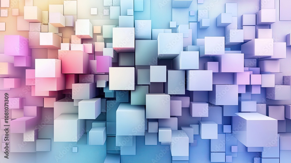 Wall mural floating and overlapping 3d cubes in various pastel shades, set against a neutral background to crea