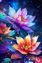 Exquisite floral illustration with vibrant colors, flowing lines. Captures beauty, energy of nature.For creative branding, stationery, digital art collection, poster, greeting card, print, background