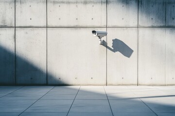 Surveillance camera mounted on modern concrete wall casting shadow