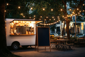 Blank White Food Truck and Empty Chalkboard stand in City Park with String Lights and Outdoor Seating, Evening Event. 