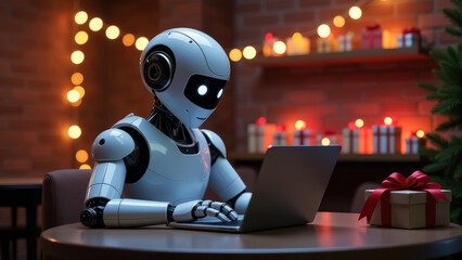 White robot sits at table and works on laptop