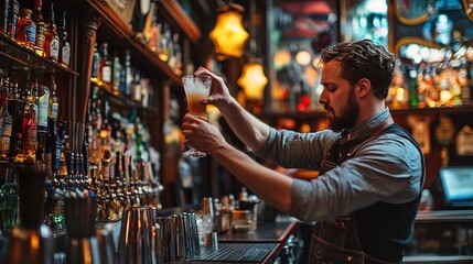 Bartender shaking a cocktail at a lively pub with spirits and a vibrant nightlife atmosphere