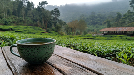 Green tea leaf steeping in a teacup on a wooden table, with a lush tea plantation in the background.