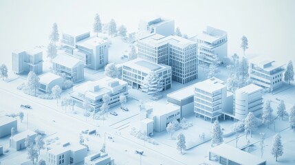 Modern smart cityscape with interconnected buildings, EV charging stations, and renewable energy sources, set against a white background for clarity.