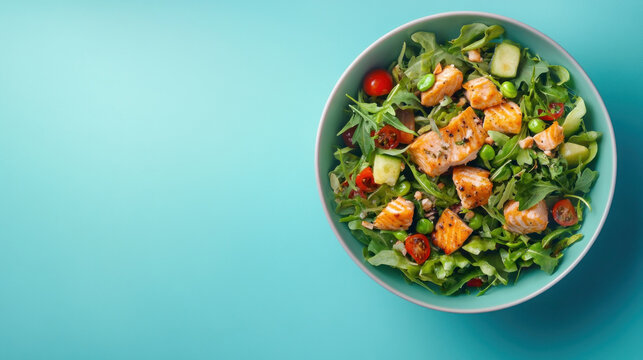Grilled salmon with fresh veggies! A healthy and yummy meal. Green salad with roasted salmon on a blue background, space for your message. A perfect choice for a barbecue!
