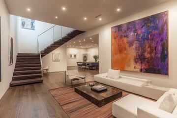 Stylish and spacious open plan living room featuring a wooden staircase, artwork, and comfortable furniture, creating an elegant and inviting atmosphere