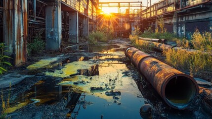 A haunting image of an abandoned industrial site with rusty pipes discharging waste into stagnant water, symbolizing environmental neglect, industrial decay, pollution, and the passage of time.