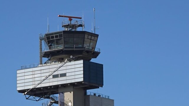 from left radar atop airport control tower perspective reveals technology used for air traffic illustrates close up side rotating shot view atc static aviation management 