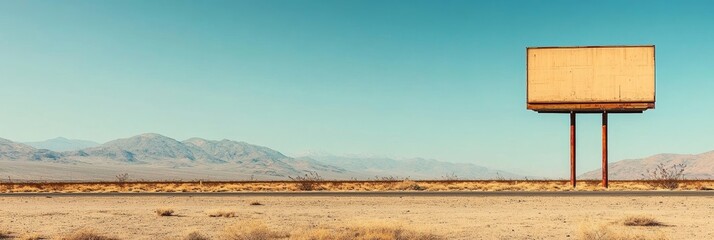 A lone, empty billboard stands tall in a vast desert landscape, symbolizing opportunity, potential, and the vastness of the unknown. The desert evokes a sense of isolation, while the billboard represe