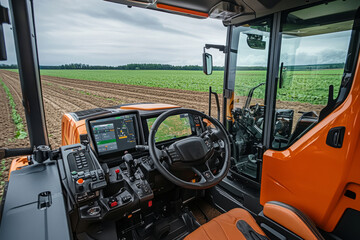 Inside view of a modern tractor cabin, highlighting advanced technology and overlooking a cultivated field