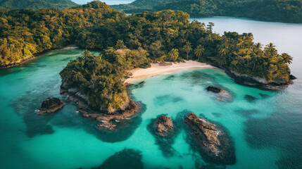 Aerial View of a Secluded Tropical Island Beach with Clear Waters