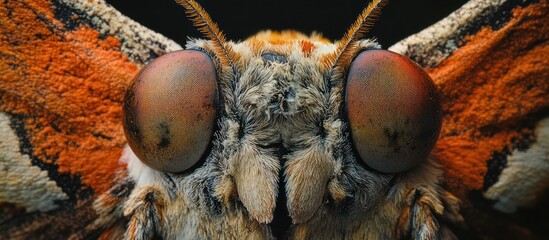 Macro close-up of a butterfly's face showing its large compound eyes, orange and black patterned wings, and intricate details of its fur-like body.