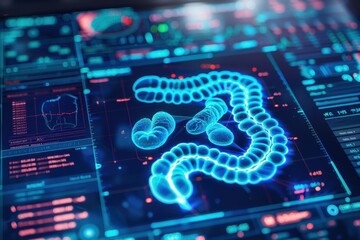 Colon testing results on digital interface in laboratory or surgical background, innovative technology in science and medicine concept. medical technology