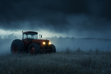Fototapeta premium Red tractor with headlights on standing in a misty field at night, creating a dramatic and evocative scene