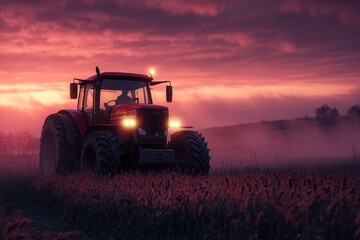 Red tractor working in a field at sunset with a dramatic sky