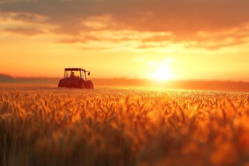 Fototapeta premium Tractor working during a beautiful sunset on a wheat field, creating a warm and vibrant agricultural scene