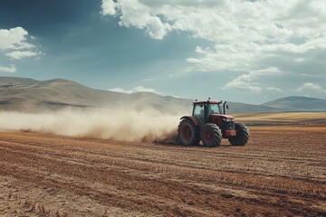 Obraz premium Red tractor plowing dry field, raising dust cloud, under cloudy sky, in rural landscape