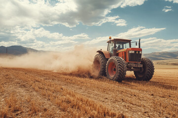 Obraz premium Red tractor plowing dry field, raising dust cloud, under cloudy sky, in rural landscape