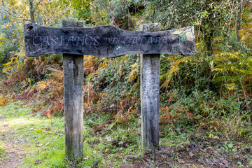 Wooden sign at the start of a chestnut route. The sign says 