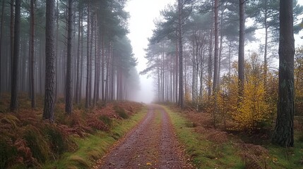 Obraz premium A misty forest path winds through tall trees, creating a serene and peaceful atmosphere. The path symbolizes a journey of discovery, tranquility, and the beauty of nature.