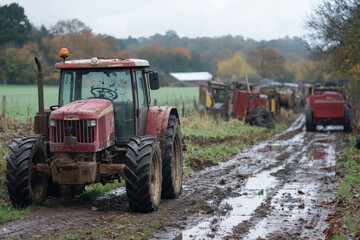 Red tractor towing agricultural machinery on muddy ground next to a farm in the countryside