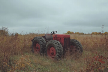 Old red tractor sits idle in an overgrown field on a cloudy autumn day, showing the effects of time and weather