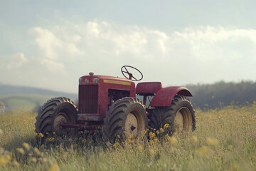 Old red tractor sits peacefully in a field of wildflowers, enjoying the serene countryside view