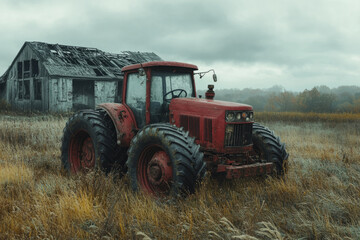 Fototapeta premium Red tractor parked in a field near an old abandoned house with stormy clouds overhead, evoking a sense of rural tranquility