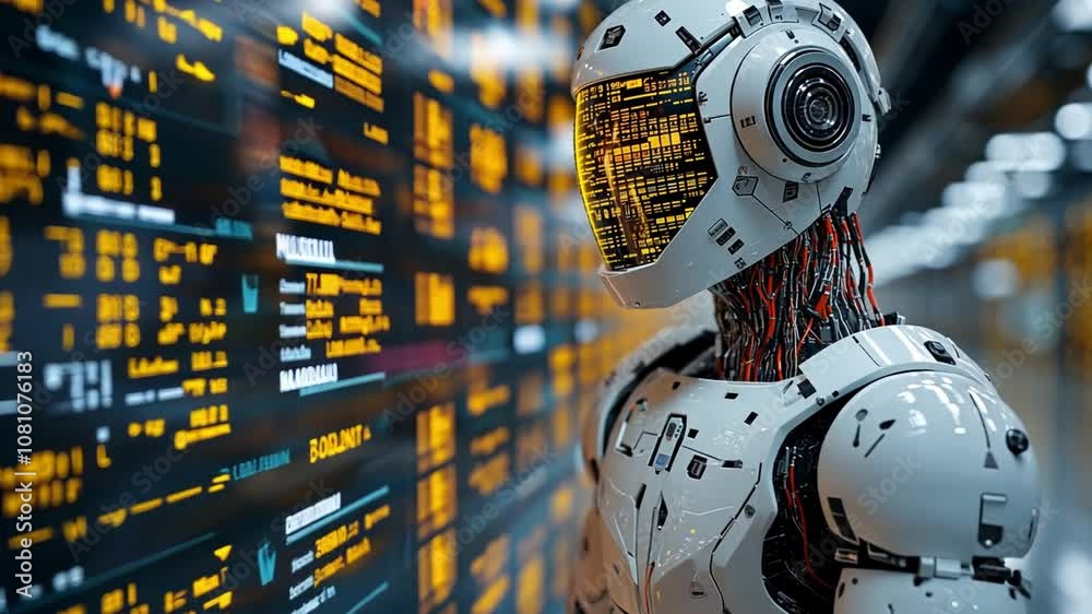 Poster a white robot stands in front of a large screen displaying data