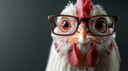 A close-up image of a chicken wearing stylish glasses with a curious expression, set against a plain backdrop that highlights its quirky and humorous personality.