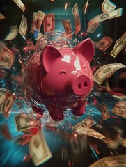 Obraz premium A pink piggy bank is surrounded by swirling money, symbolizing wealth, savings, financial success, prosperity, and abundance.