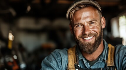 A candid shot of a bearded man with a welcoming smile wearing denim overalls with a sunlit ambiance, emphasizing hard work and approachable character.