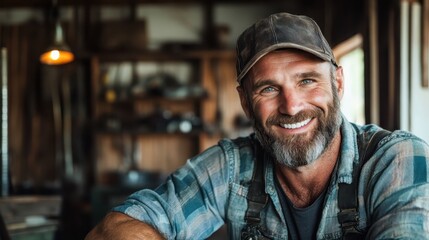 A cheerful man with a beard and cap, wearing a plaid shirt, smiles warmly while seated in a rustic workshop setting, capturing a sense of contentment and simplicity.