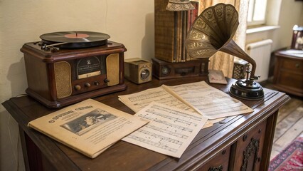 Antique record player on the table
