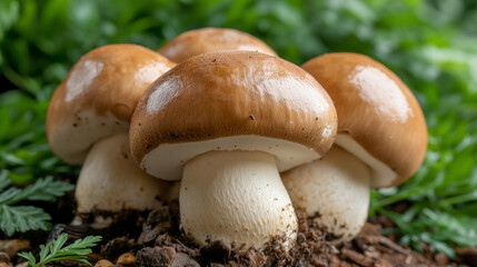 Brown mushrooms in the ground. 