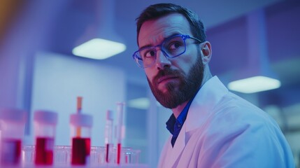 A scientist in a lab coat examines blood samples while working in a brightly lit laboratory. The image is a metaphor for scientific research, innovation, and medical breakthroughs.