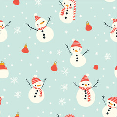 Cute seamless pattern with small snowmen and candy canes