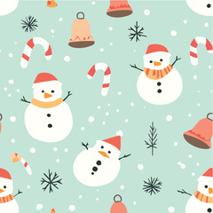 Cute seamless pattern with small snowmen and candy canes