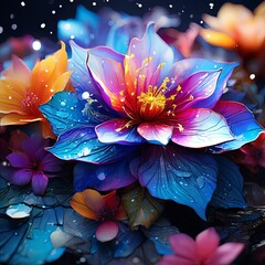 Luminous flower design with striking contrast, vivid hues. For enhancing visual interest in presentation, social media, artistic venture, digital art collection, website, poster, greeting card, print.