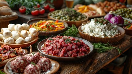 A spread of Georgian appetizers including Lobio and Badrijani Nigvzit.