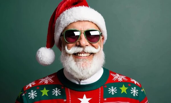 Smiling man in a Santa hat and sunglasses wears a festive sweater with holiday patterns during a cheerful winter celebration