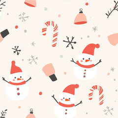 Cute seamless pattern with small snowmen and candy canes