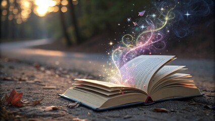 Open book with fantastic light effects lying on the ground