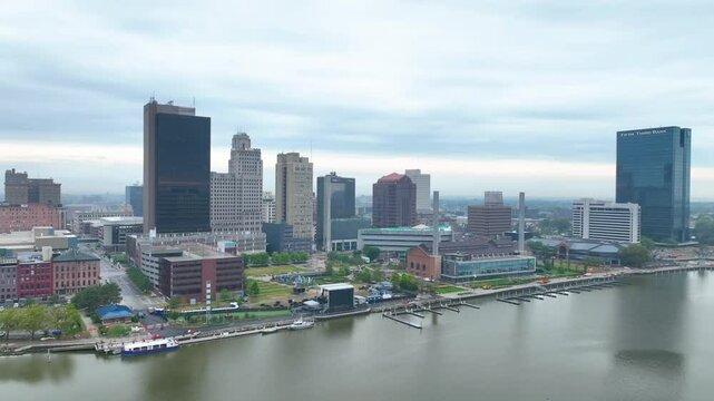 Aerial Downtown Toledo Skyline and Riverfront Tracking Shot