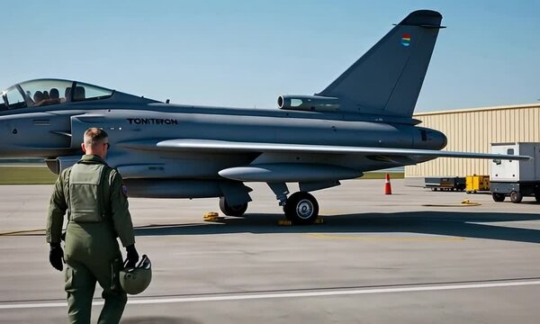 Exciting military aircraft preparation at an airbase with a fighter jet in the early morning light