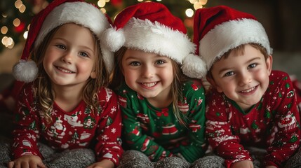 Family photo with kids in themed Christmas outfits and Santa hats