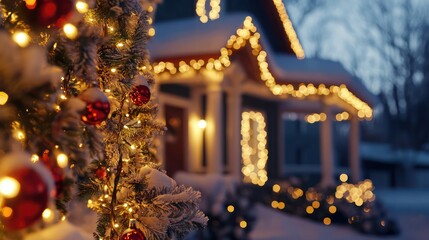 Close-up of intricate Christmas light patterns on a house