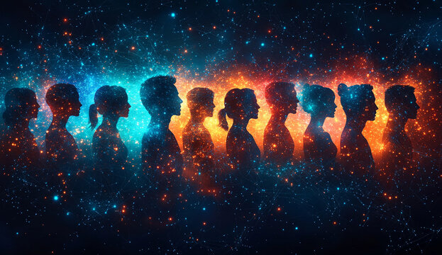 Silhouettes connected by glowing dots in a digital network